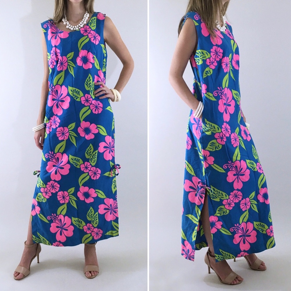 60s 70s Vintage Neon Hibiscus Hawaiian Shift Dress